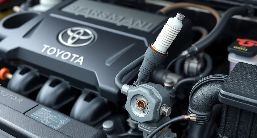 A close-up, detailed image of a Toyota engine bay. Focus on the spark plug wire connected to cylinder #1. The wire should be clearly visible, and the surrounding engine components should be in sharp focus, showcasing a clean and well-maintained engine. The overall lighting should be bright and even, highlighting the details of the engine and the spark plug wire.