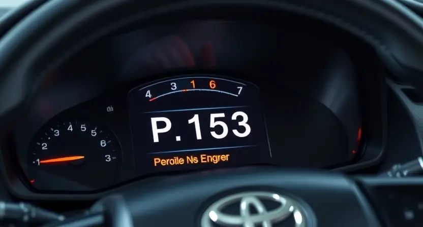 A close-up shot of a Toyota vehicle's dashboard with a diagnostic screen displaying "P1153" error code. The background should subtly show a mechanic's hands working on the car's engine, focusing on the relevant components. The overall lighting should be professional and informative, highlighting the error code on the screen.