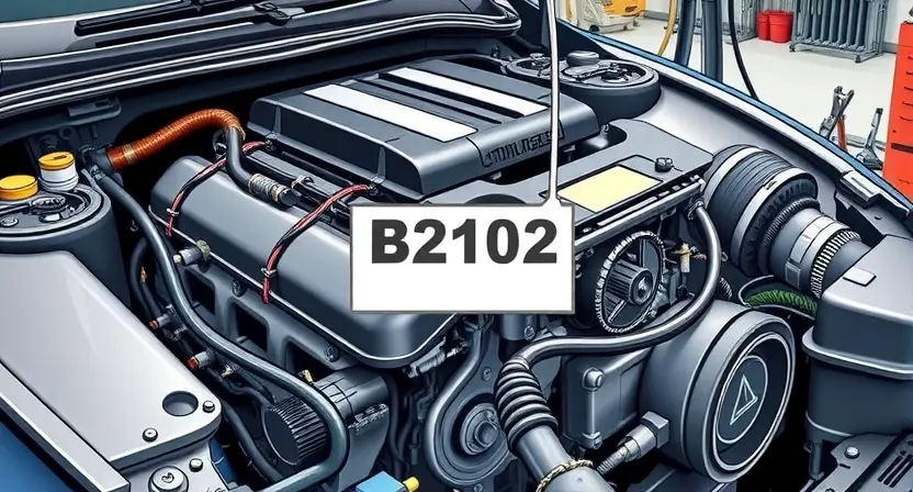 A detailed illustration depicting a car engine with a highlighted error code B2102. The engine should be partially disassembled, showing various components like sensors, wires, and hoses. The error code should be clearly visible on a digital display near the engine. The background should be a workshop setting with tools and equipment.