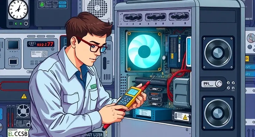A detailed illustration of a computer technician diagnosing a hardware issue. The technician is using a multimeter and a screwdriver to inspect the internal components of a desktop computer. The computer is opened up, revealing the motherboard, CPU, RAM, and other components. The technician is focused and wearing a professional uniform. The background includes various diagnostic tools and equipment.