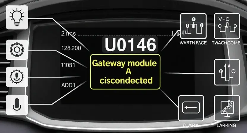 A technical illustration showing a vehicle's onboard diagnostic system displaying error code U0146, with a highlighted gateway module A disconnected, surrounded by icons of communication lines, warning symbols, and circuit diagrams, rendered in high-quality technical diagram style