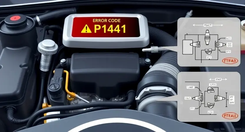 A high-quality technical illustration showing a car engine with a warning light on the dashboard indicating error code P1441, surrounded by schematic diagrams of fuel injection system components, clean background, professional automotive repair style