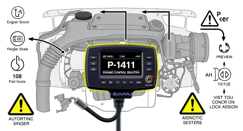 A high-quality technical illustration showing a Subaru vehicle's engine control system with a highlighted diagnostic scanner displaying error code P1411, surrounded by technical schematics and warning symbols, clean white background, professional automotive repair documentation style