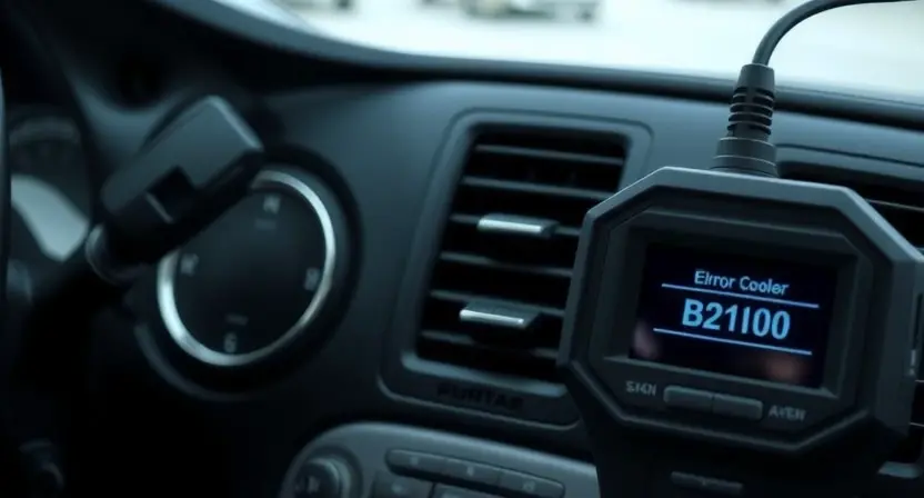 A close-up of a car's interior dashboard showing a malfunctioning window control button, with a diagnostic scanner connected to the OBD-II port displaying error code B2100 on its screen, soft ambient lighting, realistic automotive detail, no text or symbols on the button or scanner screen