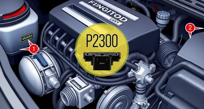 A detailed illustration of a car engine with a highlighted ignition coil, representing the P2300 error code. The engine should be depicted in a realistic and highly detailed manner, with a focus on the ignition system. The image should convey a sense of technical precision and professionalism.
