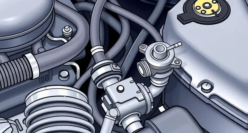 A close-up illustration of a car engine bay, highlighting the coolant temperature sensor and thermostat. The sensor should be clearly visible, along with the surrounding hoses and components. The thermostat should also be identifiable. Focus on the mechanical parts and their connections.