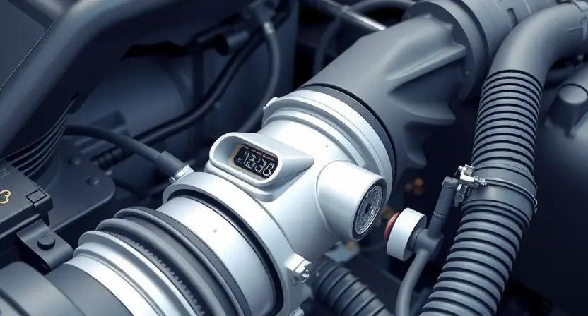 A close-up, detailed illustration of a car's engine bay with a focus on the coolant temperature sensor and related hoses. The sensor should be clearly visible, and the surrounding components should be realistically rendered. The overall lighting should be bright and clean, highlighting the mechanical details.