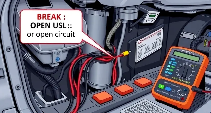 A detailed illustration of a car's wiring harness with a CAN bus cable highlighted, showing a break or open circuit. Include diagnostic tools like a multimeter and a CAN bus analyzer near the harness. The background should be a workshop setting with tools and equipment.