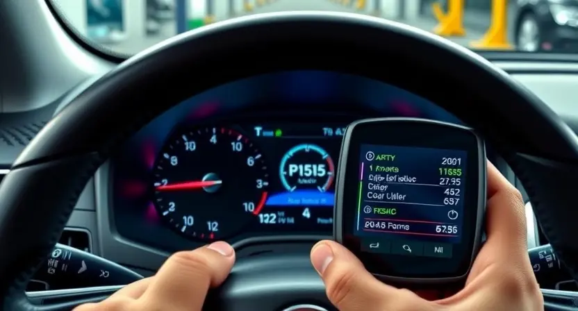 A high-quality technical illustration of an Opel car dashboard showing an illuminated P1515 error code on the instrument cluster, with a mechanic's hand holding a diagnostic scanner displaying live data, clean modern automotive workshop background, sharp focus, professional lighting
