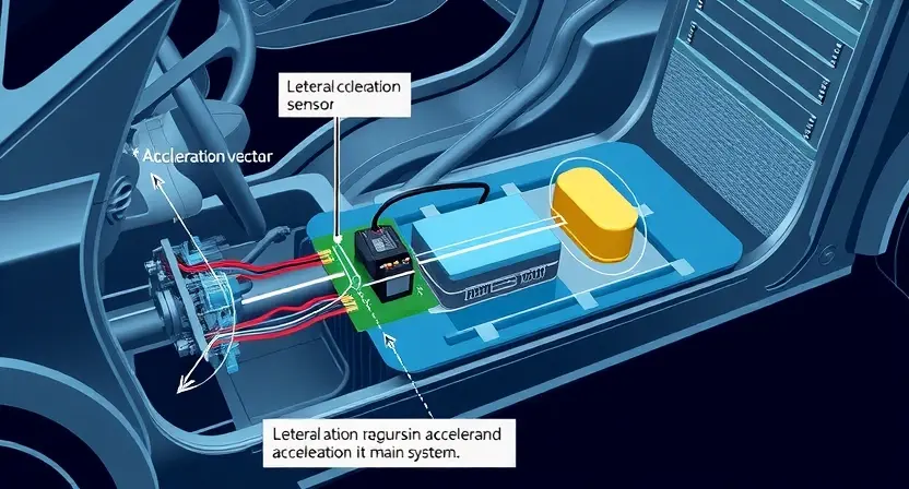 A detailed, technical illustration of a car's inertial measurement unit (IMU) system, specifically highlighting the lateral acceleration sensor. The illustration should show the sensor's physical location within the vehicle (e.g., near the side of the chassis), its connection to the main system, and a visual representation of the acceleration vector it measures. Include labels identifying key components like the sensor itself, wiring, and the central processing unit. The overall aesthetic should