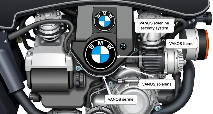 A high-quality technical illustration of a BMW engine with the VANOS system highlighted, showing the VANOS solenoids and sensors, clean and detailed, no text or numbers on the image