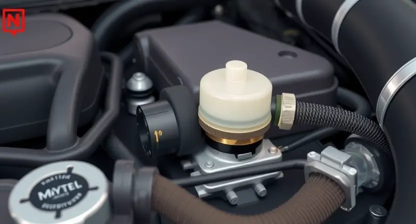 A close-up, detailed illustration of a car's engine bay. Focus on the mass airflow sensor (MAF sensor) and its surrounding components. The sensor should be clearly visible, with wires and hoses connected. The engine bay should appear clean and well-maintained. Use realistic lighting and textures to showcase the mechanical details.