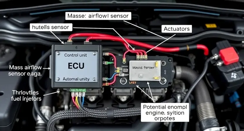 A detailed diagram illustrating a car's engine control unit (ECU) and its connection to various sensors (e.g., mass airflow sensor, throttle position sensor) and actuators (e.g., fuel injectors). Highlight the airflow path and potential points of failure. Focus on the electrical connections and data flow within the system. The background should be a clean, professional automotive workshop setting.