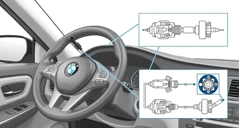A detailed illustration of a car's steering system, highlighting the torque sensor located on the steering wheel. Show the sensor's connection to the steering column and its role in transmitting data to the car's computer. Include simplified diagrams showing the sensor's internal workings and how it measures torque. Focus on the mechanical components and wiring, emphasizing clarity and technical accuracy. The background should be a clean, neutral color.