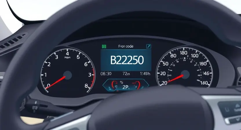 A detailed illustration of a car dashboard with the error code B2250 displayed on the screen. The dashboard should include various indicators and gauges, with a focus on the error message. The car interior should be modern and clean, with a neutral color scheme.