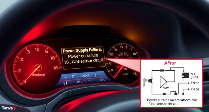 A detailed illustration of a car's dashboard showing a warning light indicating a power supply failure to the 'B' sensor circuit. The dashboard should display error messages and potentially a schematic diagram highlighting the affected circuit. The car's interior should be realistically depicted, with a focus on the dashboard and surrounding elements.