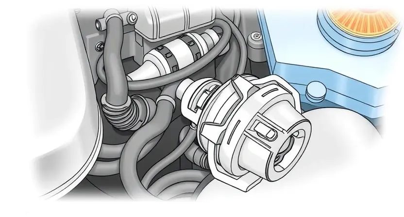 A detailed illustration of an automotive engine bay with a focus on the temperature sensor. The sensor should be clearly visible, connected to wiring, and surrounded by other engine components. Include visual cues indicating a potential malfunction, such as a slightly discolored sensor or a nearby warning light.