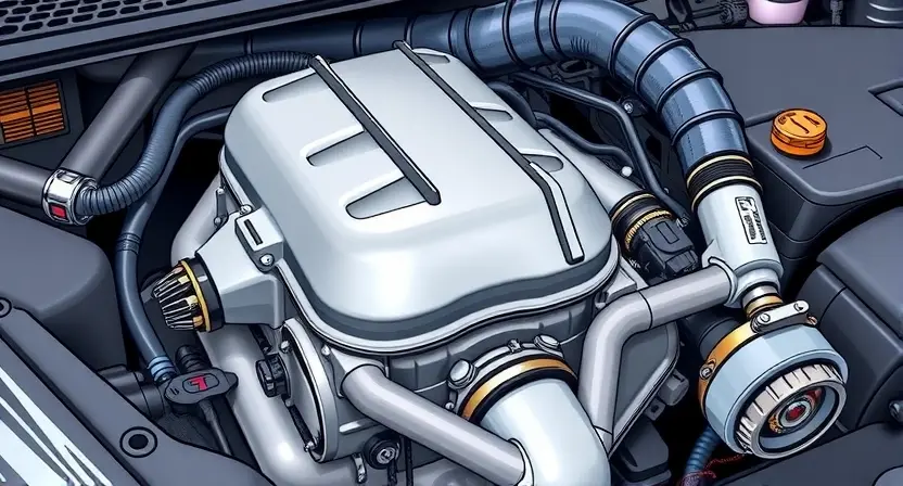 A detailed illustration of an automotive engine bay with a focus on the catalytic converter and its connection to the oxygen sensor. The catalytic converter should be depicted with visible internal components. The oxygen sensor should be clearly shown with its wiring. The engine should be partially visible, showing the general layout. The image should convey a sense of technical detail and precision.