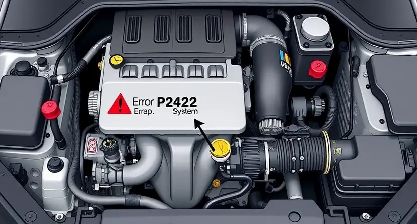 A detailed technical illustration of a car engine with a highlighted EVAP system showing a P2422 error code, including visual cues like warning lights and diagnostic tools, rendered in high-quality technical diagram style