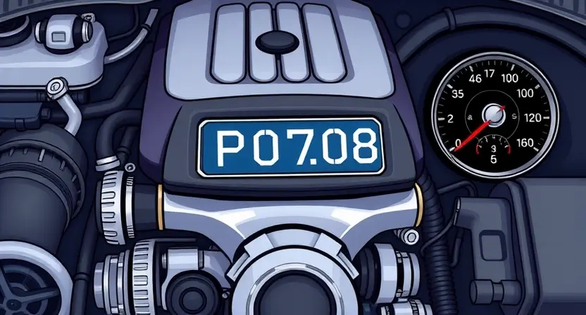 A detailed illustration of a car engine with a highlighted diagnostic code P0708 displayed on a digital dashboard. The engine should be realistically rendered, showing various components like pistons, valves, and belts. The dashboard should clearly show the code and potentially other relevant indicators.