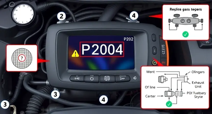 A high-quality technical illustration showing a car engine control unit with a highlighted error code P2002 on a diagnostic screen, surrounded by schematic diagrams of exhaust gas recirculation components, clean and professional visual style, no text or numbers on the image
