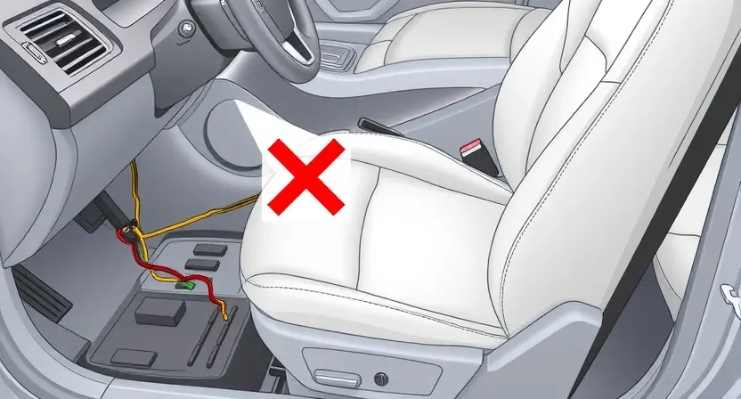 A detailed technical illustration of a car seat position sensor circuit, showing wiring, connectors, and the sensor mechanism under the seat, with a red 'X' over a faulty wire or connection to indicate malfunction, set against a clean automotive interior background, no text or labels visible