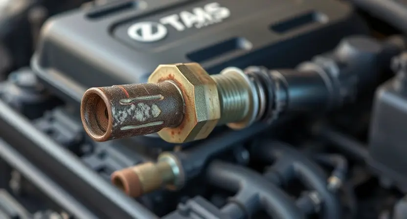 A close-up, detailed illustration of a car's oxygen sensor. The sensor should appear worn and damaged, showing signs of corrosion or physical damage. The background should be a blurred automotive engine bay. Focus on the sensor's physical condition to highlight wear and tear.