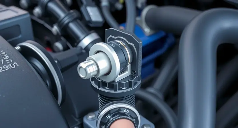 A close-up, detailed illustration of a car's engine bay, focusing on the coolant temperature sensor. The sensor should be clearly visible, along with nearby hoses and engine components. The overall lighting should be bright and clean, highlighting the sensor's physical characteristics. The background should be slightly blurred to emphasize the sensor.