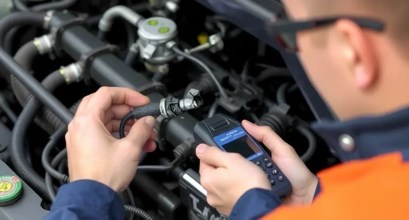 A mechanic is inspecting an oxygen sensor in a car engine bay. The engine is partially visible, showing various components like hoses and wires. The mechanic is using a diagnostic tool to check the sensor's readings. Focus on the sensor and the diagnostic tool.