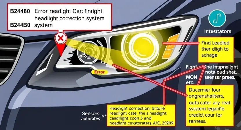 A detailed illustration of a car's headlight system, specifically highlighting the B24B0 error indicator and its connection to the headlight correction system. Include visual representations of the error code, diagnostic tools, and the system's components (sensors, actuators, etc.).