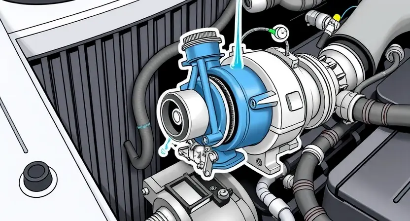 A detailed illustration of a car's cooling system with a close-up on the electric water pump. The pump should be visibly malfunctioning, perhaps with a broken impeller or leaking coolant. The surrounding components like the radiator, hoses, and engine block should be clearly depicted. Focus on the technical aspects of the pump and its failure.
