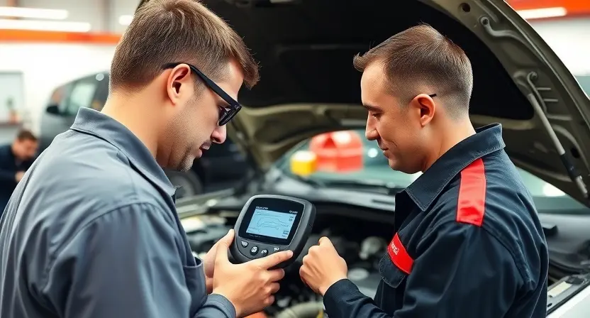 A mechanic using a diagnostic scanner to check a car's engine. The engine bay is open, revealing various components. The mechanic is focused on the scanner's display, which shows diagnostic information. The background is a clean and organized auto repair shop. Focus on the interaction between the mechanic and the scanner.
