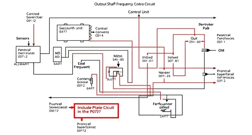 A detailed schematic diagram of a car engine's output shaft frequency control circuit, highlighting the components involved in the P0737 error code. Include visual representations of sensors, actuators, and the control unit. Focus on clarity and accuracy in depicting the circuit's connections.