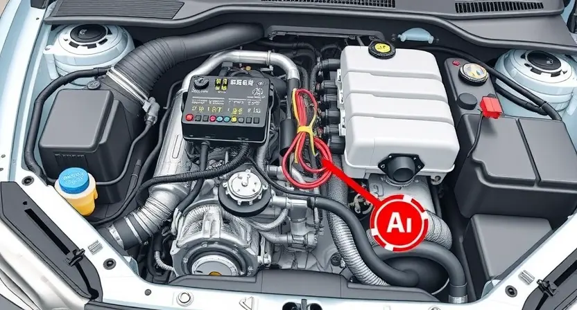 A detailed, high-quality illustration of a car engine bay showing a faulty generator control circuit. Focus on the wiring, connectors, and potential signs of damage (e.g., frayed wires, loose connections). The engine should be partially disassembled to reveal the control circuit.