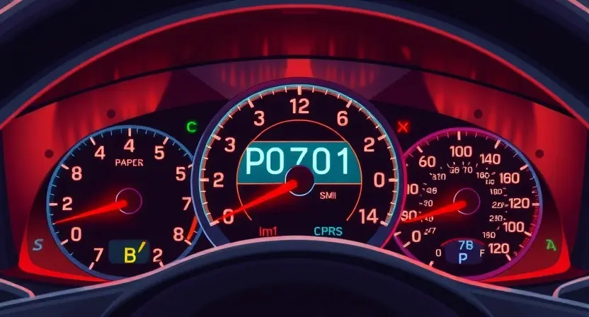 A detailed illustration of a car's dashboard with a P0701 error code displayed on the instrument cluster. The dashboard should be brightly lit, showcasing the various gauges and warning lights. Focus on the error code's visual representation and its location within the dashboard.