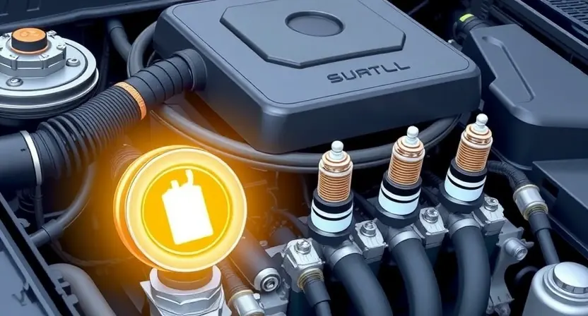 A high-quality technical illustration of a car engine with a glowing check engine light and spark plugs highlighted, showing ignition system components like coils and wires, clean background, detailed engineering drawing style