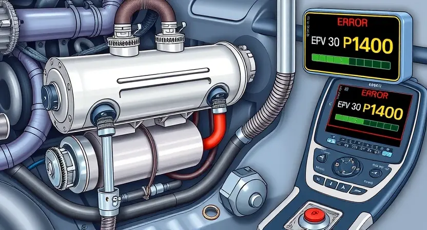 A detailed technical illustration of an automotive EGR (Exhaust Gas Recirculation) system showing components such as the EGR valve, EGR cooler, vacuum lines, and electrical connectors, with a focus on diagnostic indicators like error code P1400 displayed on a vehicle's OBD-II scanner screen nearby, set in a clean automotive workshop environment with soft lighting and mechanical precision, no text or labels visible on the image