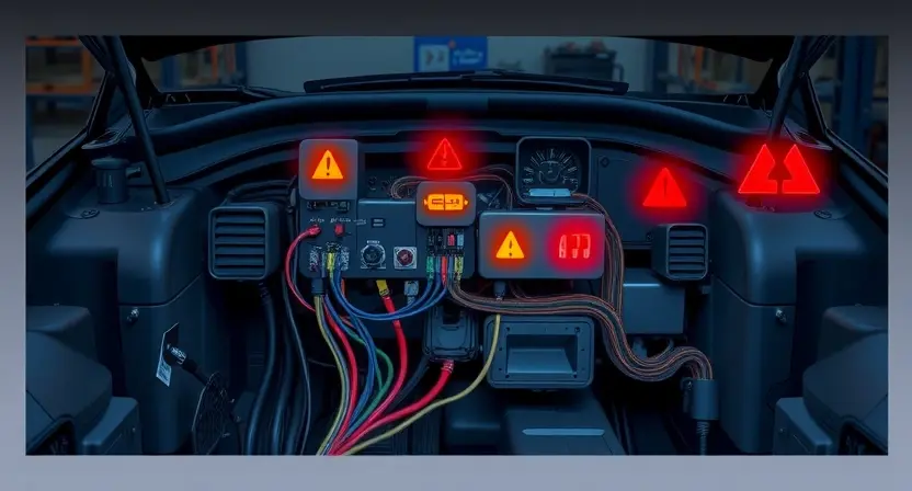 A detailed technical illustration of a car's electrical system showing voltage spikes, with warning symbols, fuses, and wiring harnesses highlighted in red to indicate overvoltage, set against a dark automotive workshop background with soft ambient lighting, no text or labels visible