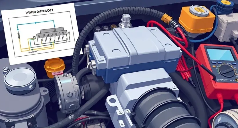 A detailed illustration of an automotive engine bay, focusing on the throttle position sensor and its wiring. The sensor should be clearly visible, along with the associated wiring harness and connectors. Include diagnostic tools like a multimeter and a wiring diagram in the background to suggest troubleshooting. The overall lighting should be bright and informative.