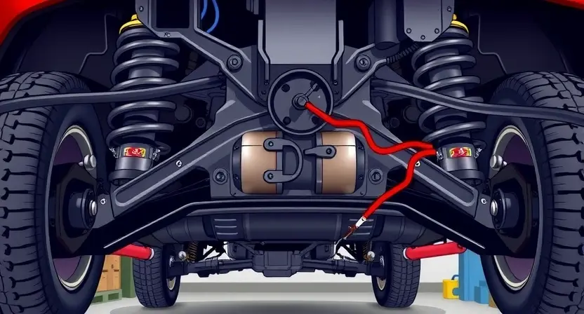 A detailed illustration of a car's undercarriage, focusing on the suspension components (struts, shocks, control arms, etc.). Highlight the wiring harness connected to the suspension control module. Use clear visual cues to indicate a broken or disconnected wire. The background should be a slightly blurred garage setting.
