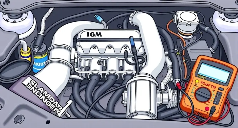 A detailed illustration of an automotive engine bay with a focus on the lambda sensor. The sensor should be clearly visible, connected to wiring, and surrounded by other engine components like the exhaust manifold, catalytic converter, and intake system. Include diagnostic tools like a scan tool and a multimeter near the sensor. The image should convey a sense of technical precision and problem-solving.