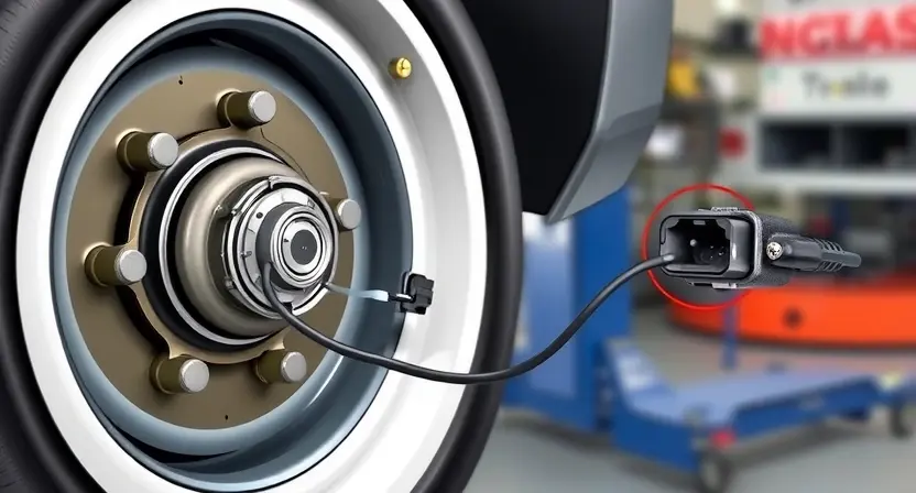 A detailed illustration of a car's front left wheel hub assembly, highlighting the speed sensor and its connection to the vehicle's wiring harness. The sensor should be clearly visible, with wires leading to a diagnostic port. The background should be a slightly blurred automotive workshop environment.