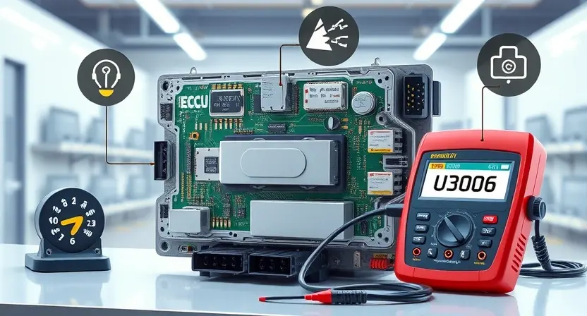 A detailed technical illustration of an automotive ECU (Electronic Control Unit) with visible internal circuitry, diagnostic tools connected via OBD-II port, and error code U3006 displayed on a digital multimeter or scan tool screen, surrounded by symbols of electrical faults like warning lights, voltage spikes, and wiring harnesses, in a clean, professional workshop setting with soft directional lighting