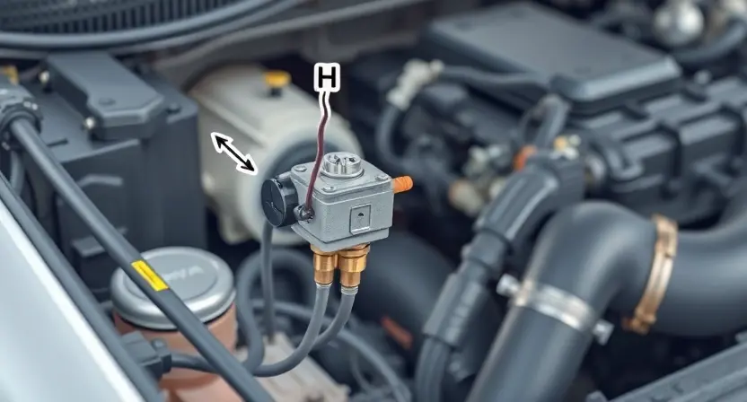 A detailed illustration of a car's engine bay, focusing on the solenoid valve (H) and its associated components. The image should clearly show the solenoid valve, wiring, and any relevant sensors or hoses. The background should be slightly blurred to emphasize the main subject.