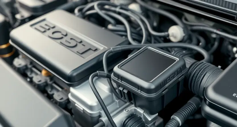A close-up, detailed image of an automotive engine bay. Focus on the engine control unit (ECU) and related wiring harnesses. The engine should be clean and well-maintained. Subtle visual cues suggesting a diagnostic scan tool connected to the ECU could be included, but avoid showing the screen's display. The overall lighting should be bright and professional, highlighting the complexity of the engine components. The background should be slightly blurred to emphasize the engine.