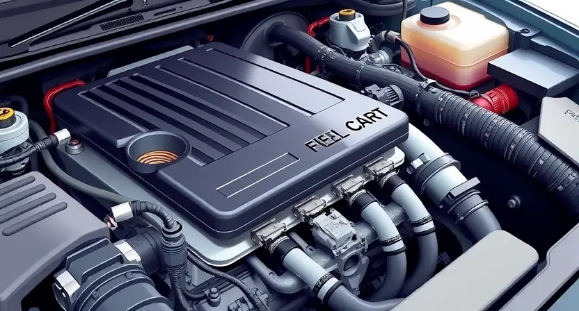 A detailed illustration of a car's engine bay, focusing on the fuel rail and associated wiring. The fuel rail should be clearly visible, with its connections to the fuel injectors. The wiring should be depicted in a realistic manner, showing the various connectors and pathways. The background should be slightly blurred to emphasize the engine components.