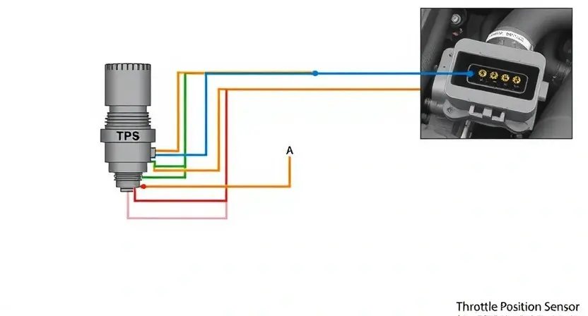 A detailed diagram illustrating the Throttle Position Sensor (TPS) and its electrical circuit within a car's engine. Highlight the sensor itself, wiring connections, and the engine control unit (ECU) connection. Use clear, color-coded lines to represent the electrical pathways. Show a close-up of the TPS component with labels indicating key parts. The background should be a clean, neutral color to emphasize the diagram.