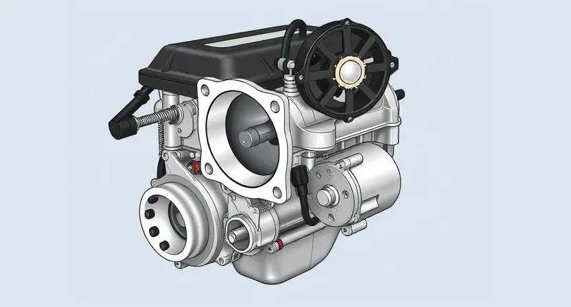 A detailed illustration of an engine's throttle body and associated components. The image should clearly show the throttle plate, linkage, sensors, and wiring. Focus on the mechanical aspects and the physical arrangement of the parts. The background should be a clean, neutral color to emphasize the engine parts.