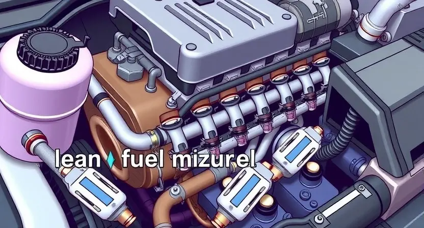 A detailed illustration of a car engine's fuel system, specifically highlighting the fuel injectors and intake manifold. The image should clearly show the fuel injectors delivering fuel into the intake manifold, emphasizing the concept of a lean fuel mixture. Focus on the internal components and their arrangement within the engine bay.