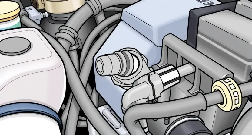 A close-up, detailed illustration of a car's engine bay, specifically highlighting the coolant temperature sensor and surrounding hoses. The engine should appear clean and well-maintained. Focus on the sensor's physical appearance and its connection to the cooling system.